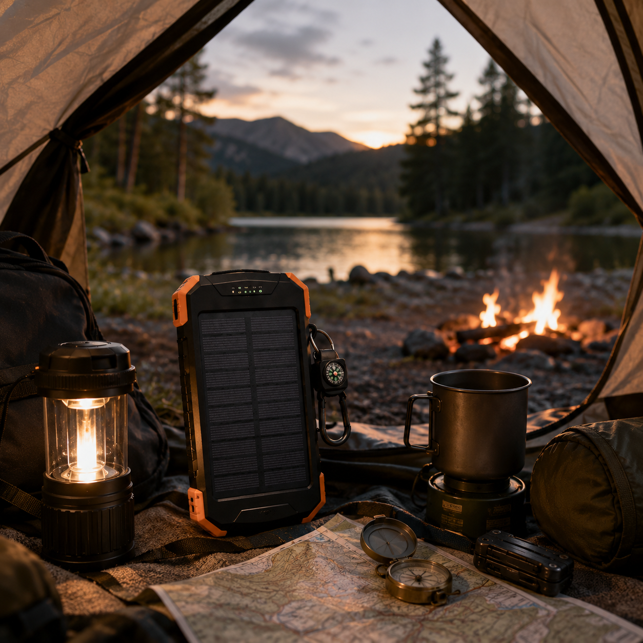 Rivanta power bank in camping tent at sunset