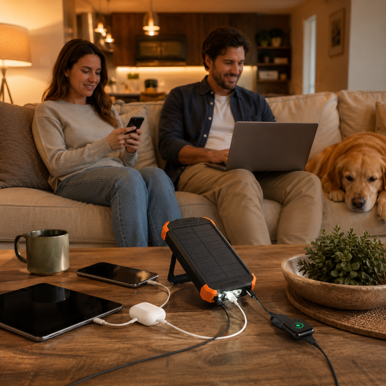 Couple charging multiple devices with Rivanta at home