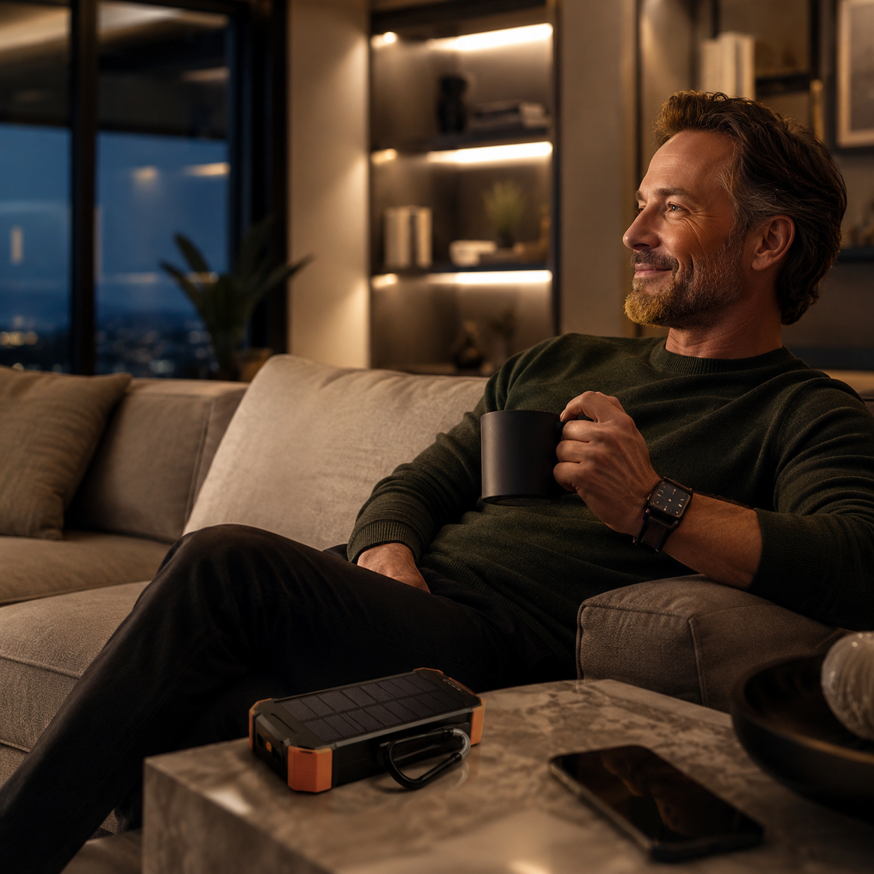 Man relaxing at home with Rivanta power bank nearby